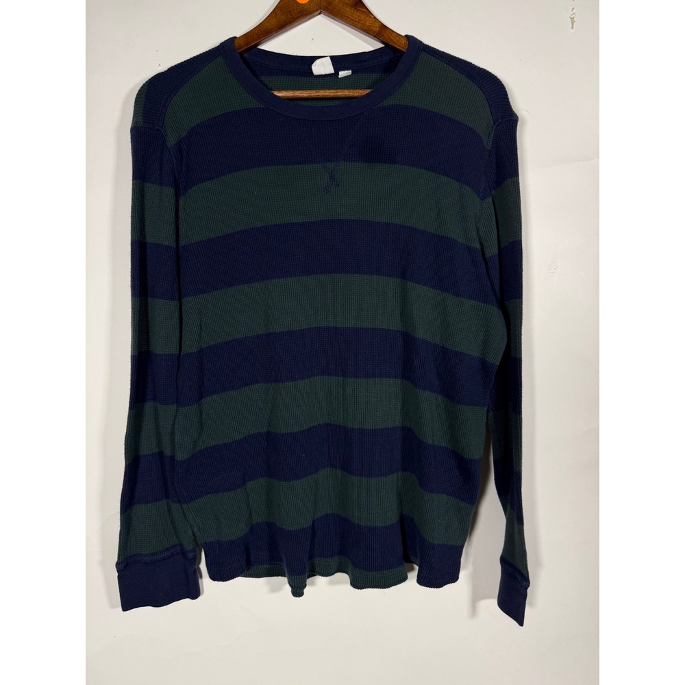 Gap Mens Thermal Shirt Large Navy Blue Green Striped Waffle Knit Long Sleeve